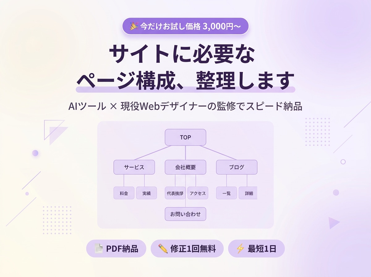 サイトに必要なページ構成、整理します 「何ページ必要？」を一緒に考えて、サイトマップにまとめます。 イメージ1