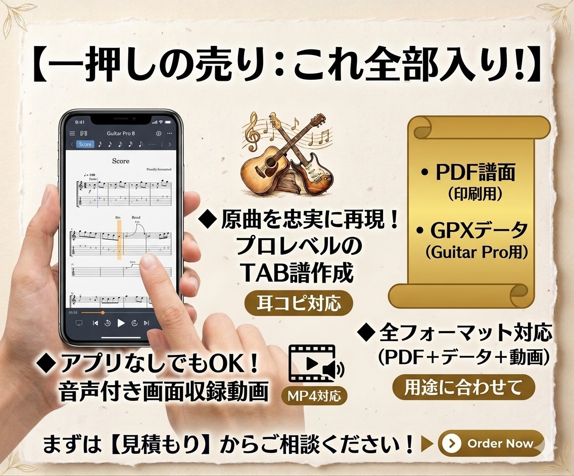 初心者歓迎！ギターTAB譜アレンジ作成します 動画納品ok音で確認しながら練習できます。 イメージ1