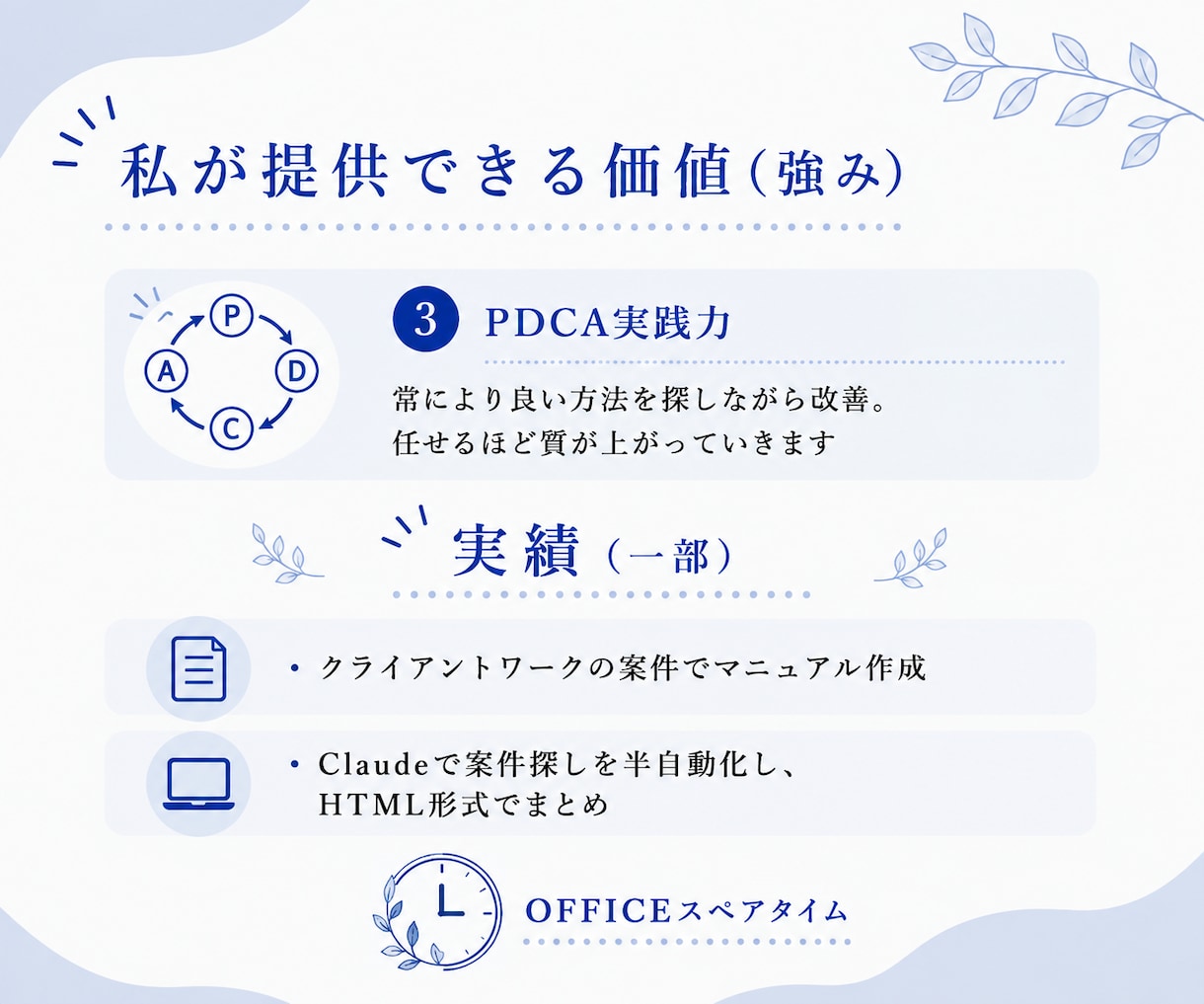 忙しい経営者様・個人事業主様の事務作業代行します あなたの一時間を、大切な人に使えるように。 イメージ7