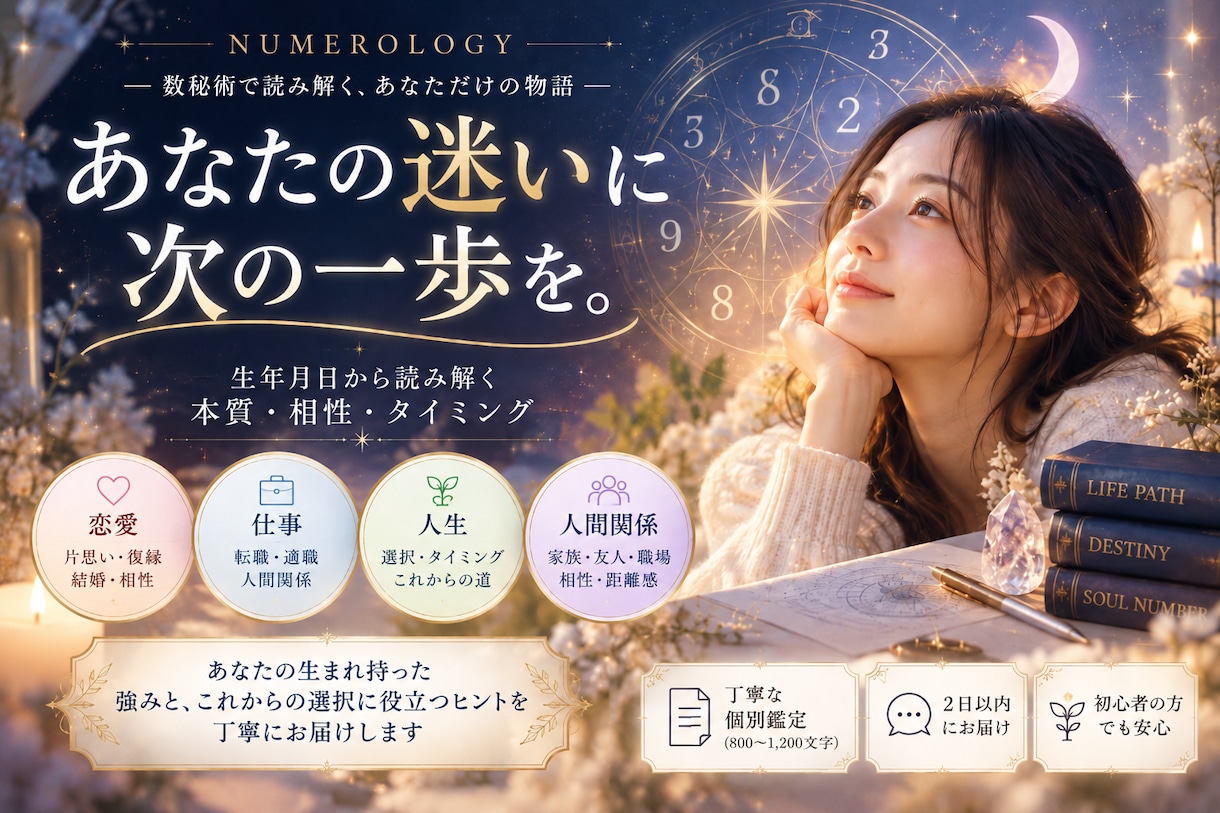 恋愛・仕事・人生の迷いを数秘術で占います 迷った心を整理し、これからの選択にヒントを イメージ1