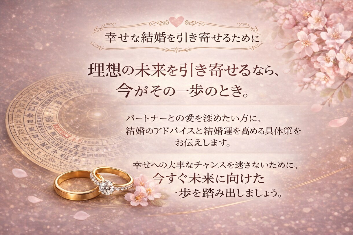 結婚の流れと婚期を四柱推命で丁寧に読み解きます 結婚のお悩みにやさしく寄り添います(最初の3件だけこの価格) イメージ4