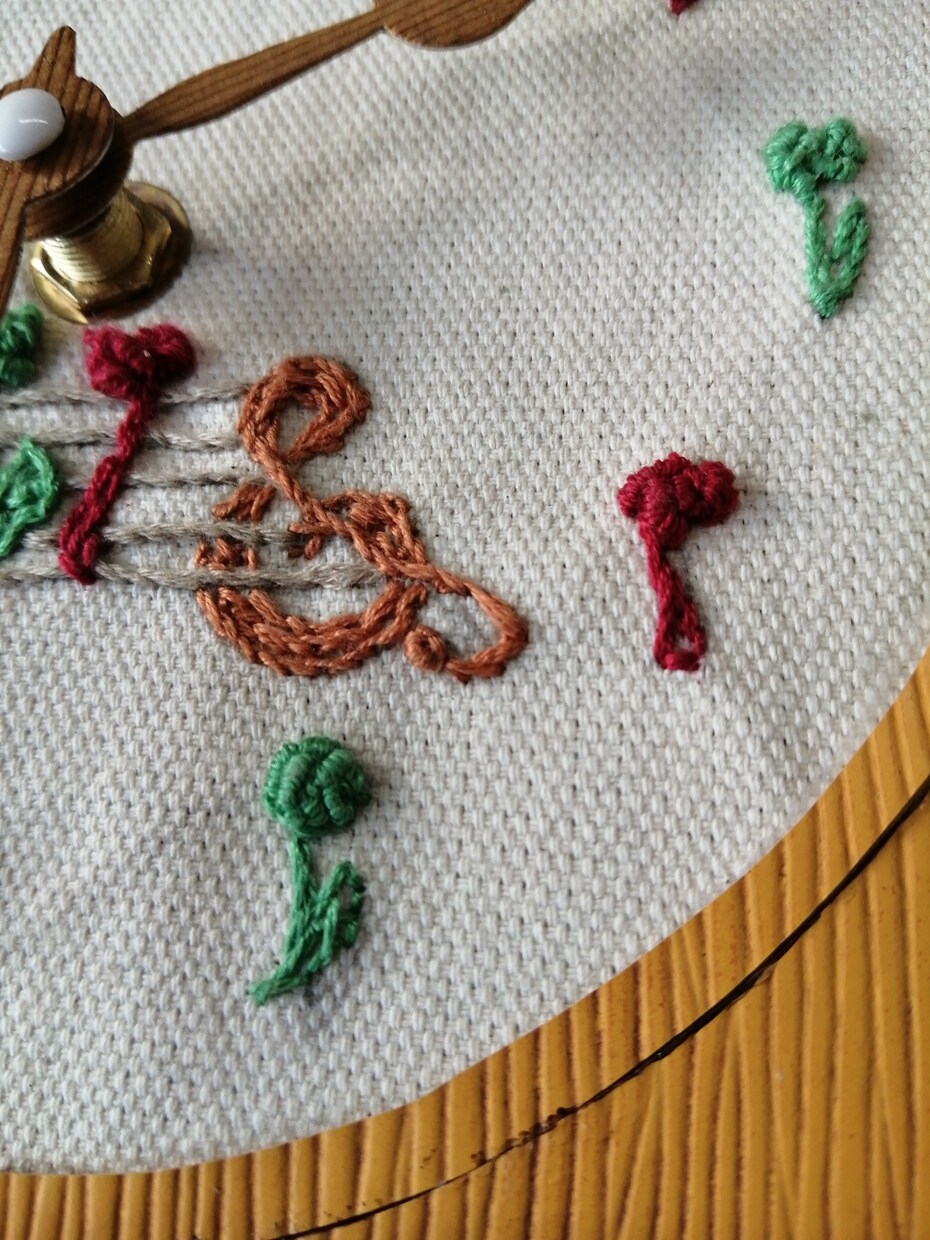 男女の語らいのイメージを刺繍で仕上げますます 手作り刺繍音符掛け時計完全手縫い イメージ2