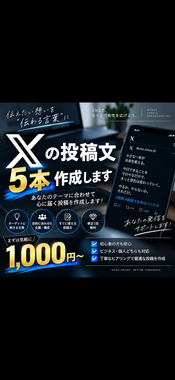 X投稿文5本作成します あなたのテーマに合わせて文章を作成します イメージ1