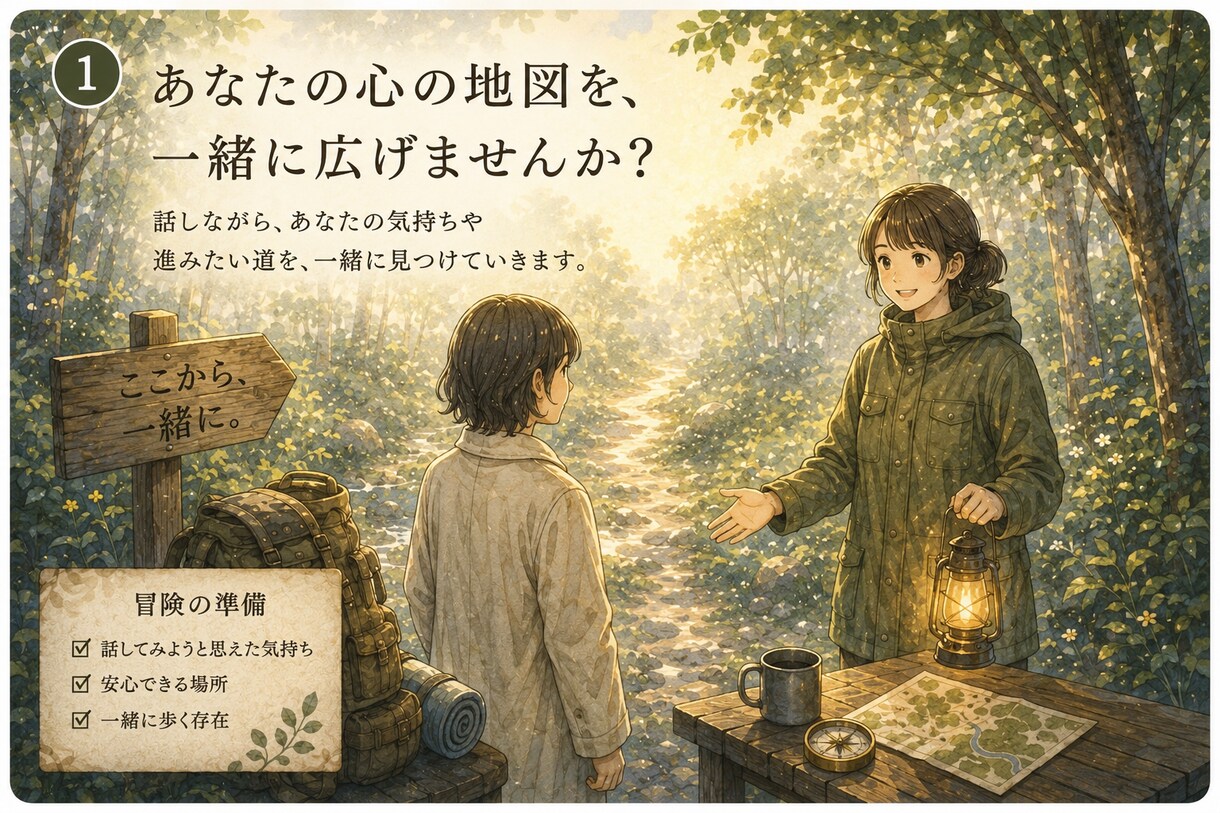 安心できる場で話せると、心の地図が広がります 自分でも気づかなかった気持ちが、きっと少しずつ見えてくる。 イメージ1