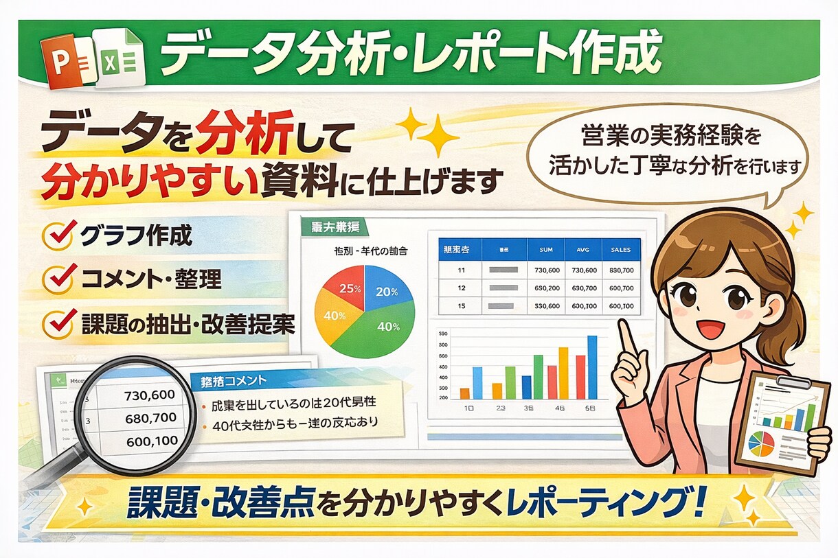 分析・レポート作成までトータル対応します PowerPoint化も対応可能です。 イメージ1