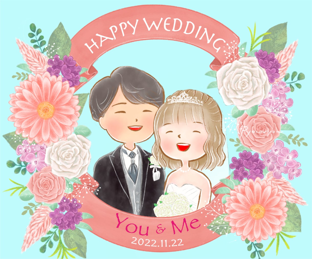 ウェディングイラスト、ウェルカムボード描きます お花に囲まれたおふたりを。結婚の記念、プレゼントにどうぞ！ イメージ1