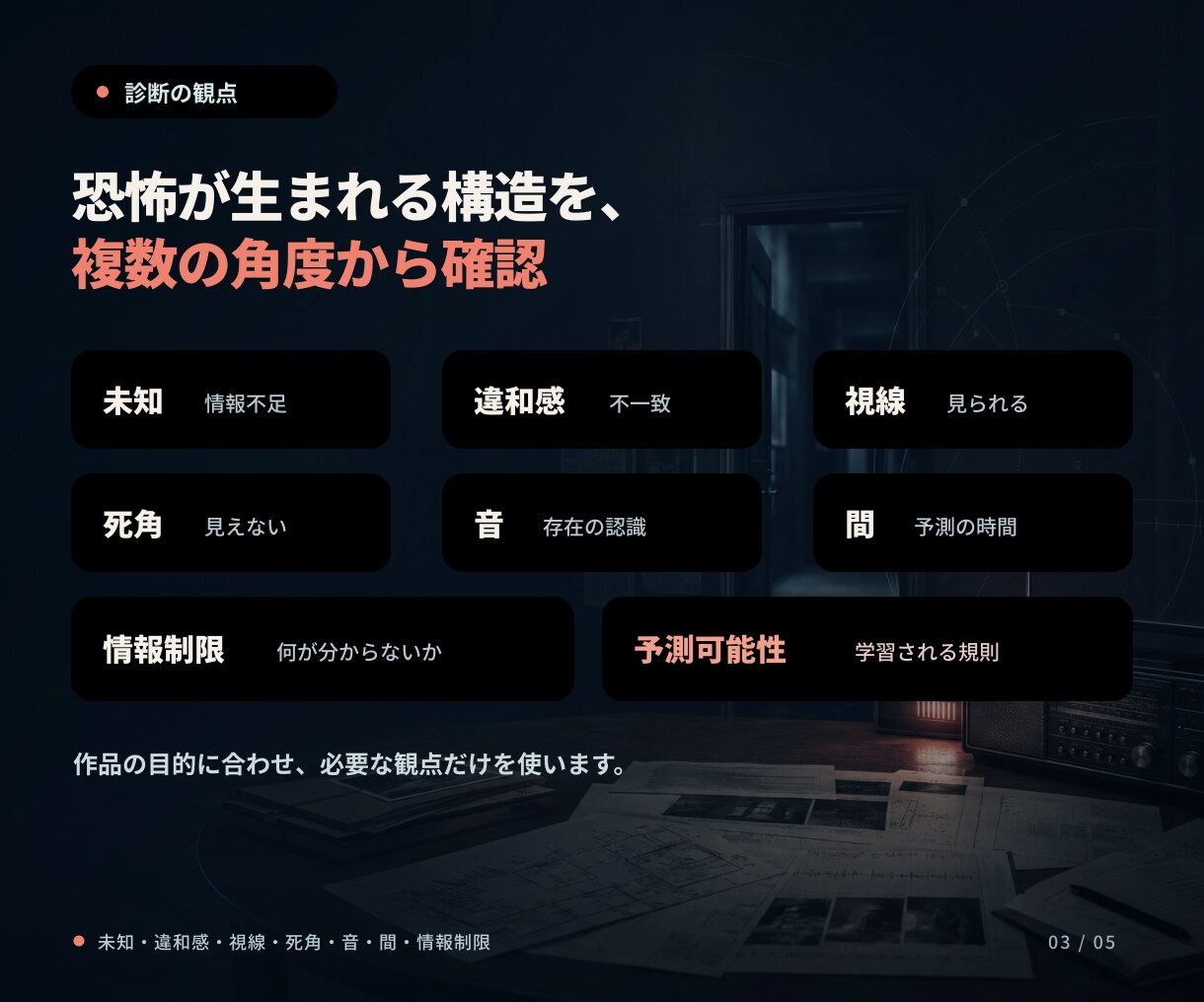 ホラー作品の恐怖演出を分析・改善します 「怖くない原因」を言語化し、作品に合う改善案をご提案 イメージ3