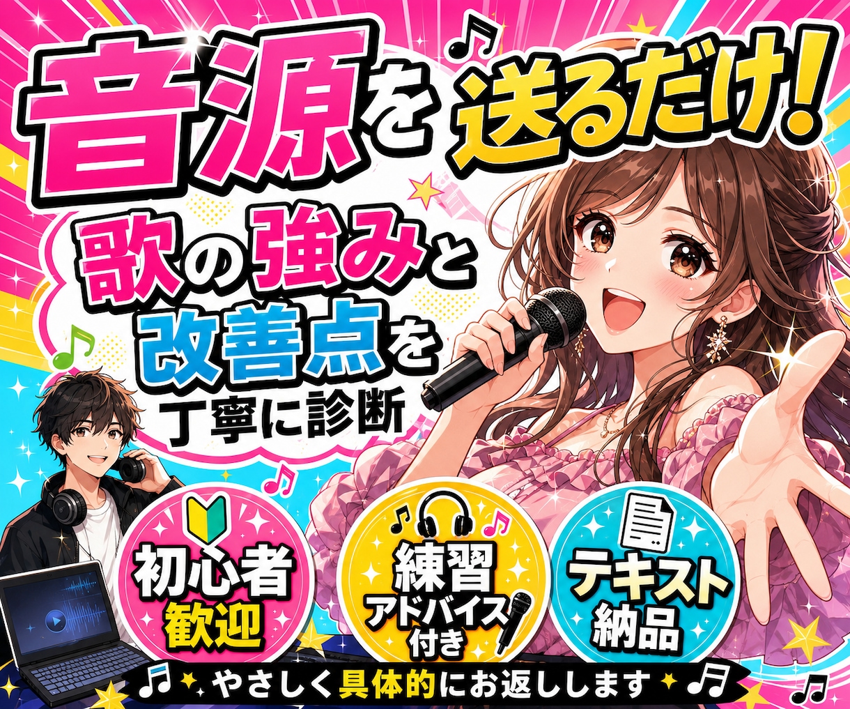歌の音源を送るだけで歌を丁寧に診断します 強み・改善点・練習法までやさしくお返しします イメージ1