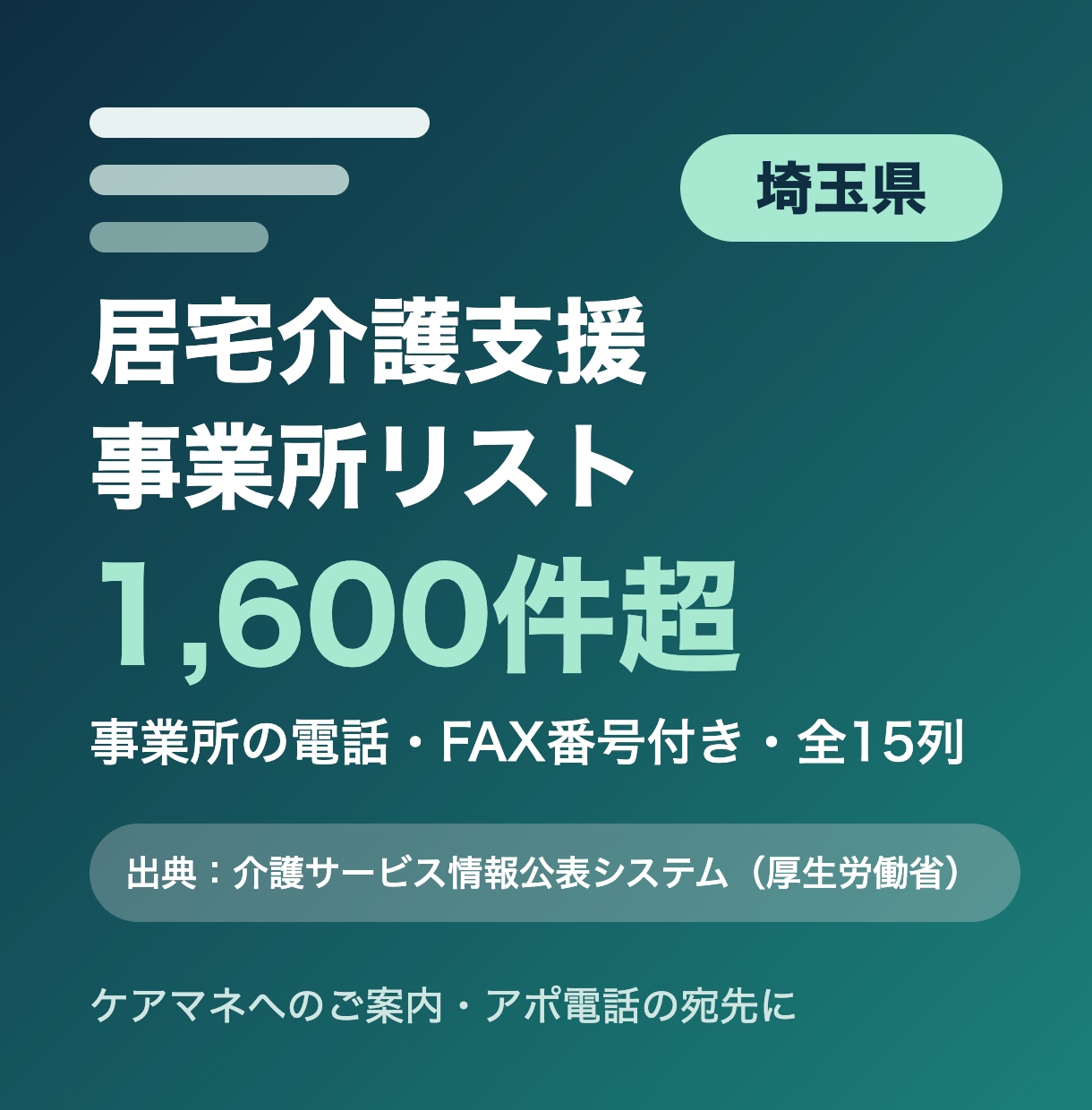 埼玉県の居宅介護支援事業所リストをお届けします 埼玉県限定・事業所の電話・FAX番号付き・全15列 イメージ1