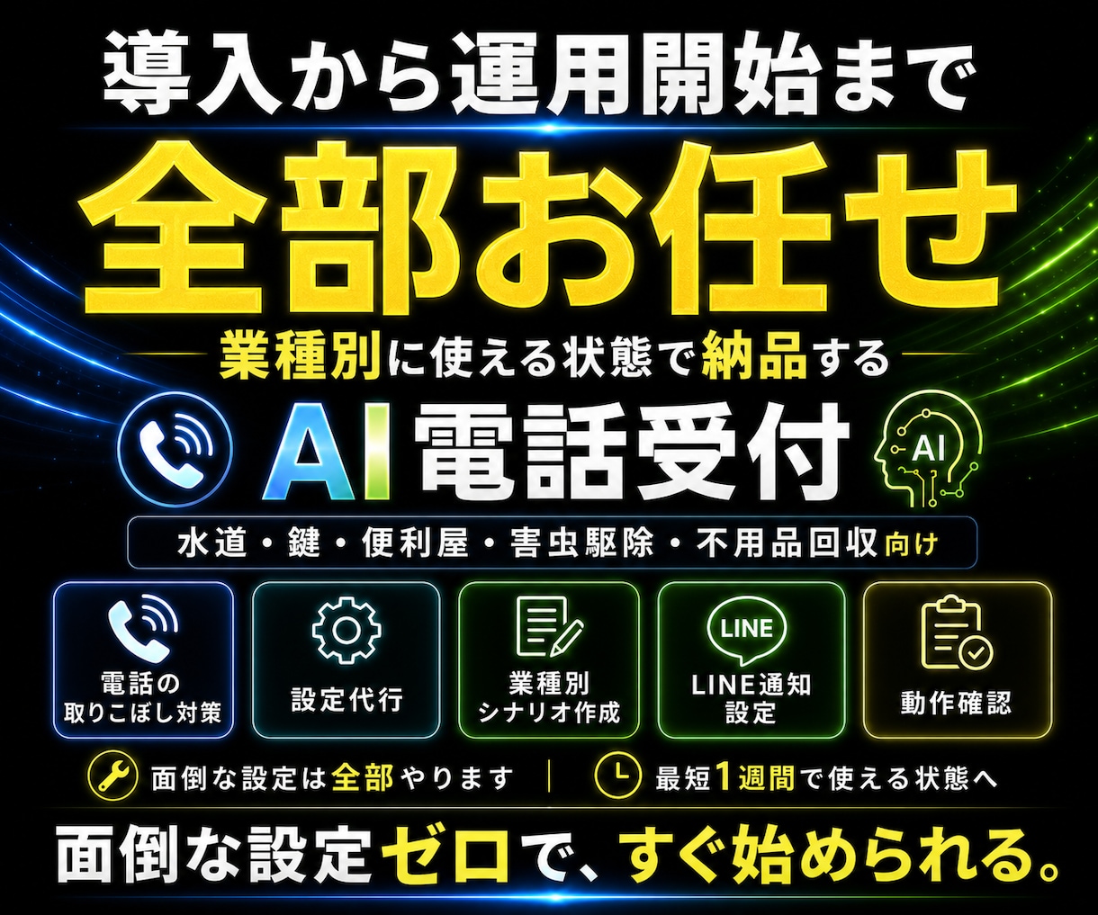 電話の取りこぼしを防ぐAI電話受付を作ります 24時間受付・LINE通知・一次対応を自動化・売上アップ イメージ1