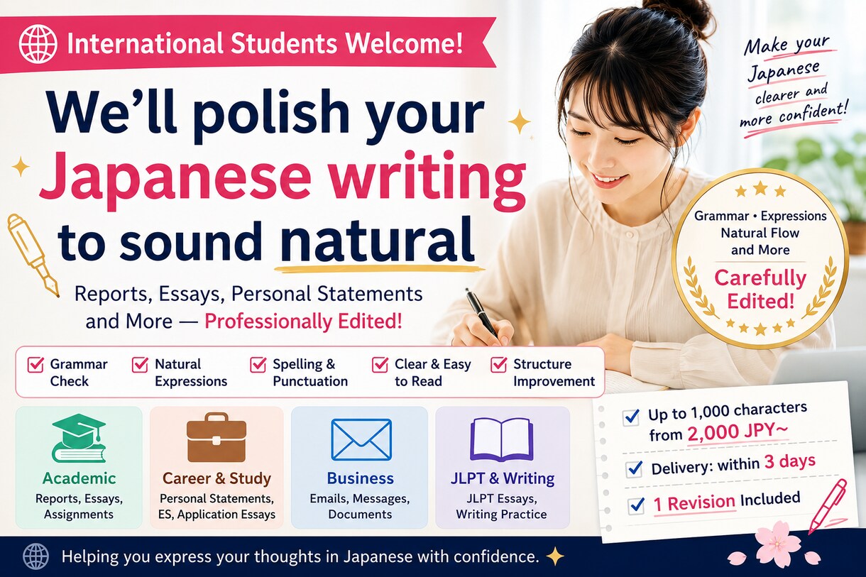 レポート・作文・志望理由書を自然な日本語にします 提出書類・大学課題・就活書類・ビジネスメールにも対応します。 イメージ2