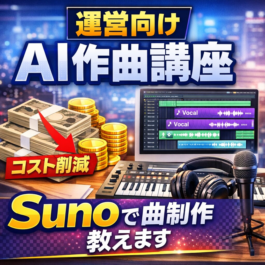 運営向けSunoでAI作曲教えます 外注費を抑えたい方向け！楽曲制作を内製化を支援します イメージ1