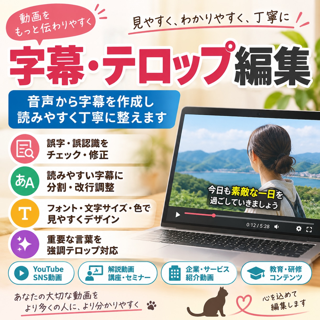 動画に見やすい字幕・テロップを入れます 音声から字幕を作成し、読みやすく丁寧に整えます イメージ1
