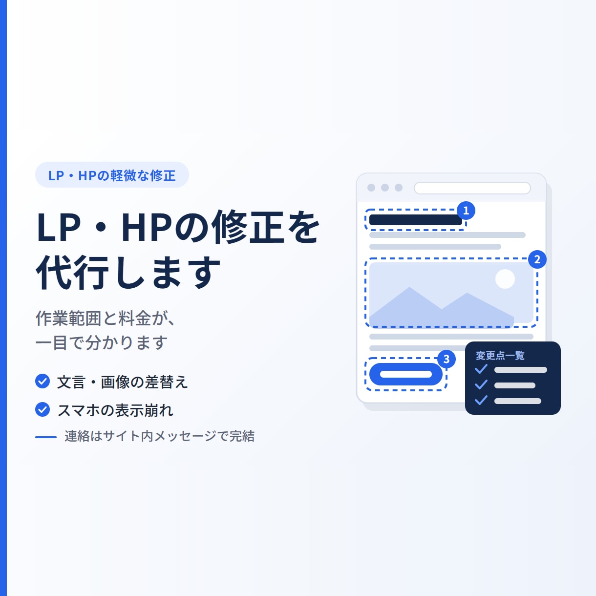 LP・HPの文言・画像・スマホ崩れを修正します 「ここだけ直したい」を範囲と料金を明示して代行します イメージ1