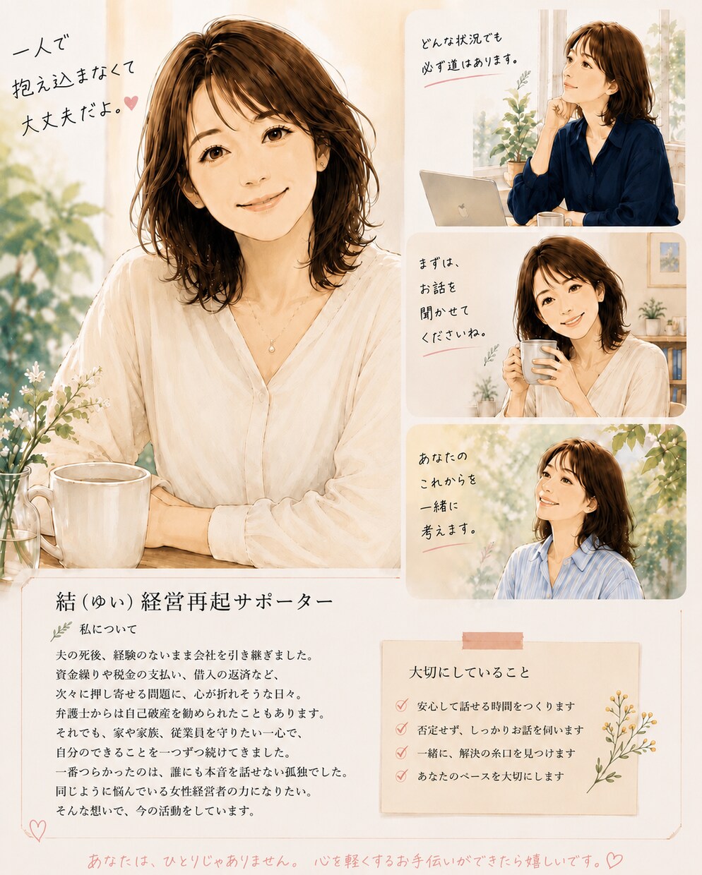 女性経営者の孤独に寄り添いお話をお聞きします 夫の死後会社を引き継いだ私だから寄り添えます イメージ1