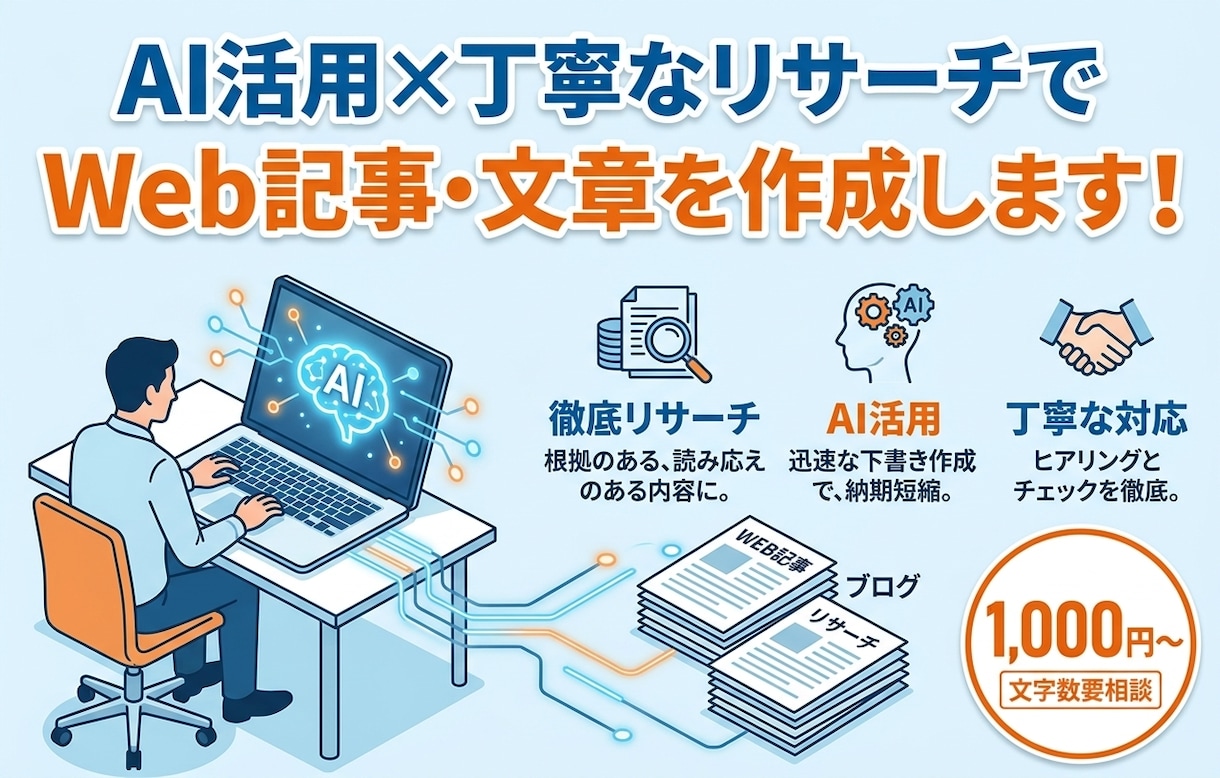 AI活用と丁寧なリサーチでWeb記事作成します 実務経験とリサーチ力を活かした読みやすい文章を提供します！ イメージ1
