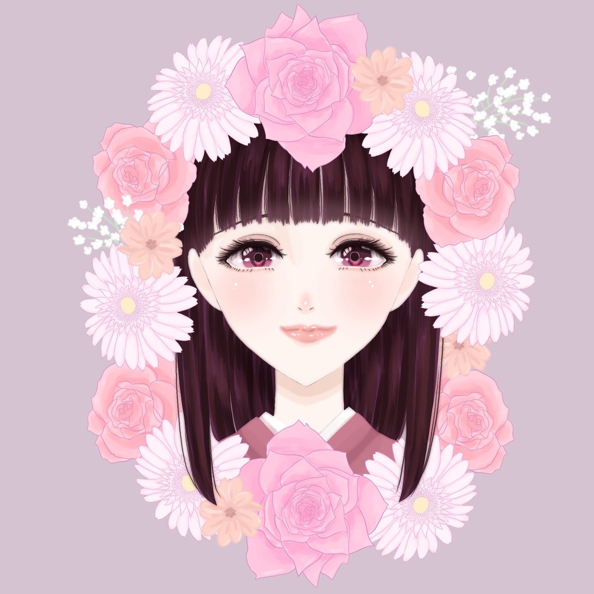 花フレーム女性アイコン制作｜SNS用描きます お好きなカラーで作る、花に囲まれた可愛いSNSアイコン イメージ1