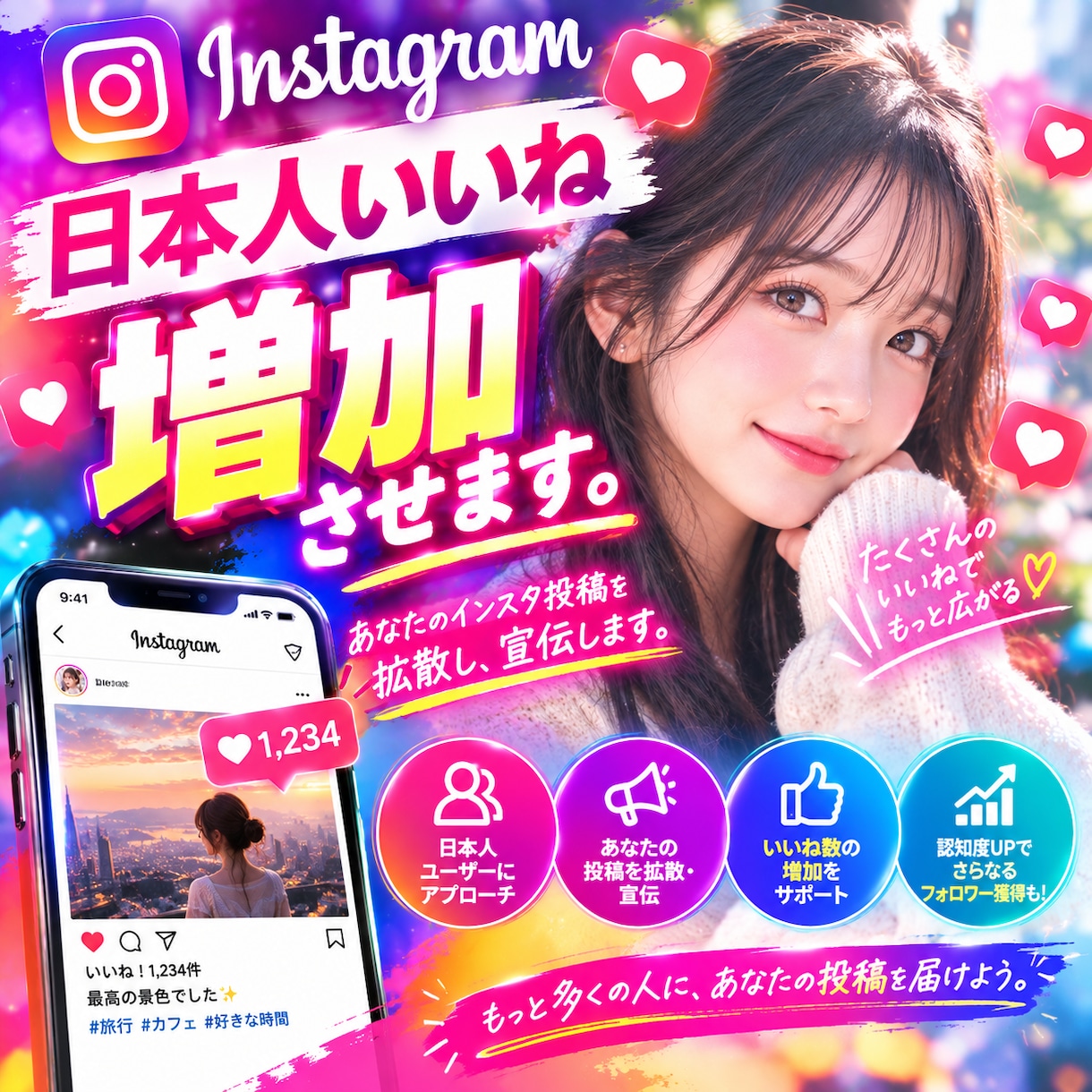 インスタ日本人いいねを300増加させます あなたのインスタ投稿を拡散し、宣伝します。 イメージ1