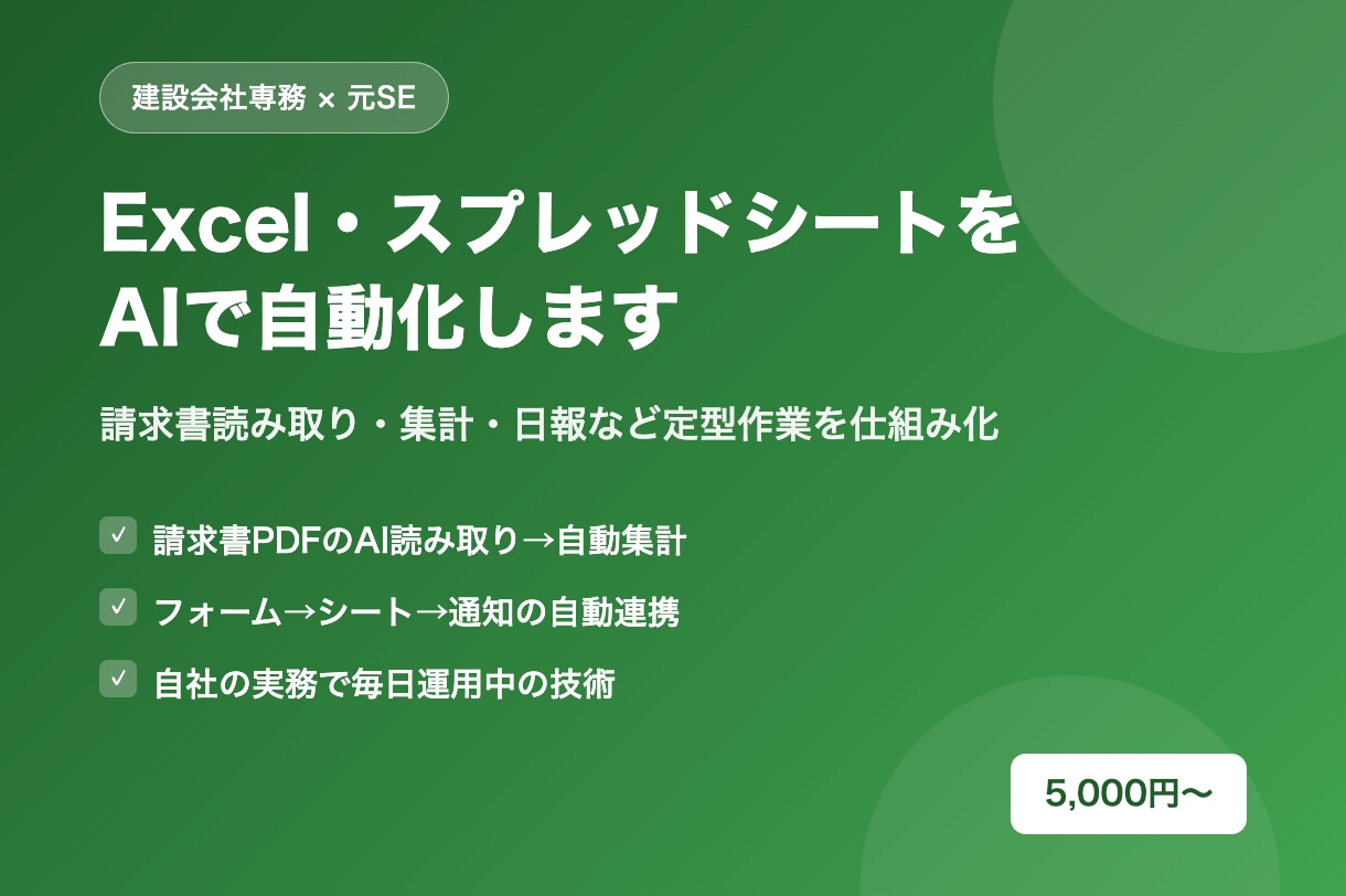 ExcelやスプレッドシートをAIで自動化します 請求書読み取り・集計・日報など定型作業を仕組み化 イメージ2