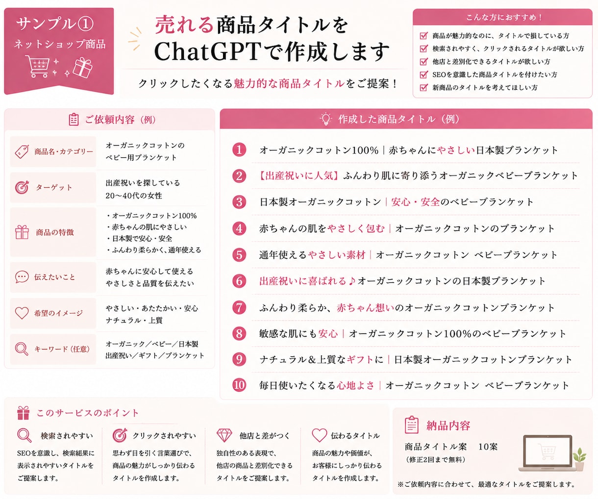 売れる商品タイトルをChatGPTで作成します 商品の特徴が伝わり、目に留まりやすいタイトルをご提案します イメージ2