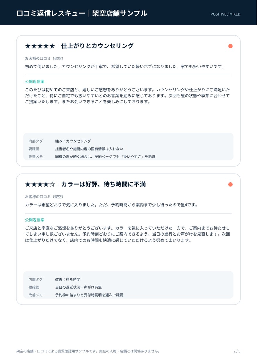 Google口コミ返信10件を誠実な文章に整えます 返信で終わらせず、次に直すべき点まで納品します イメージ3