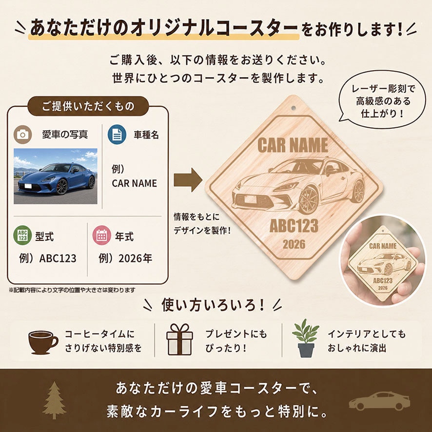 愛車イラストで木製インテリア&コースター製作します 愛車の写真をイラストにして世界に１つのコースターを是非！ イメージ2