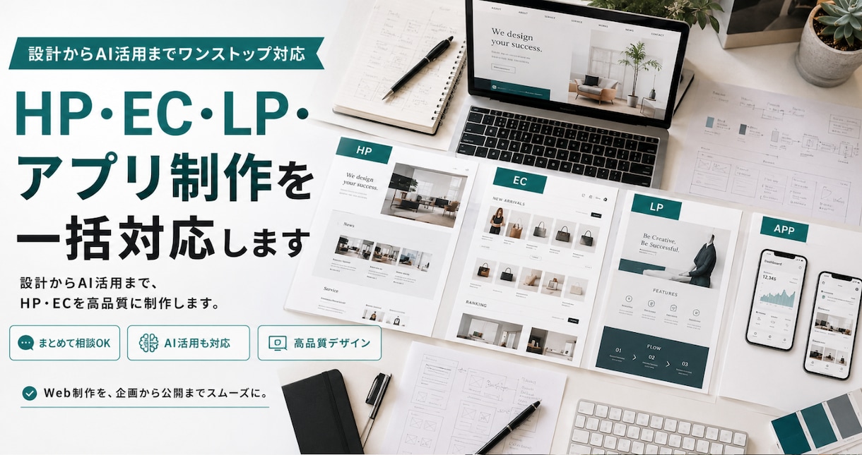 HP・EC・LP・アプリ制作を一括対応します 設計からAI活用まで、HP・ECを高品質に制作します。 イメージ1