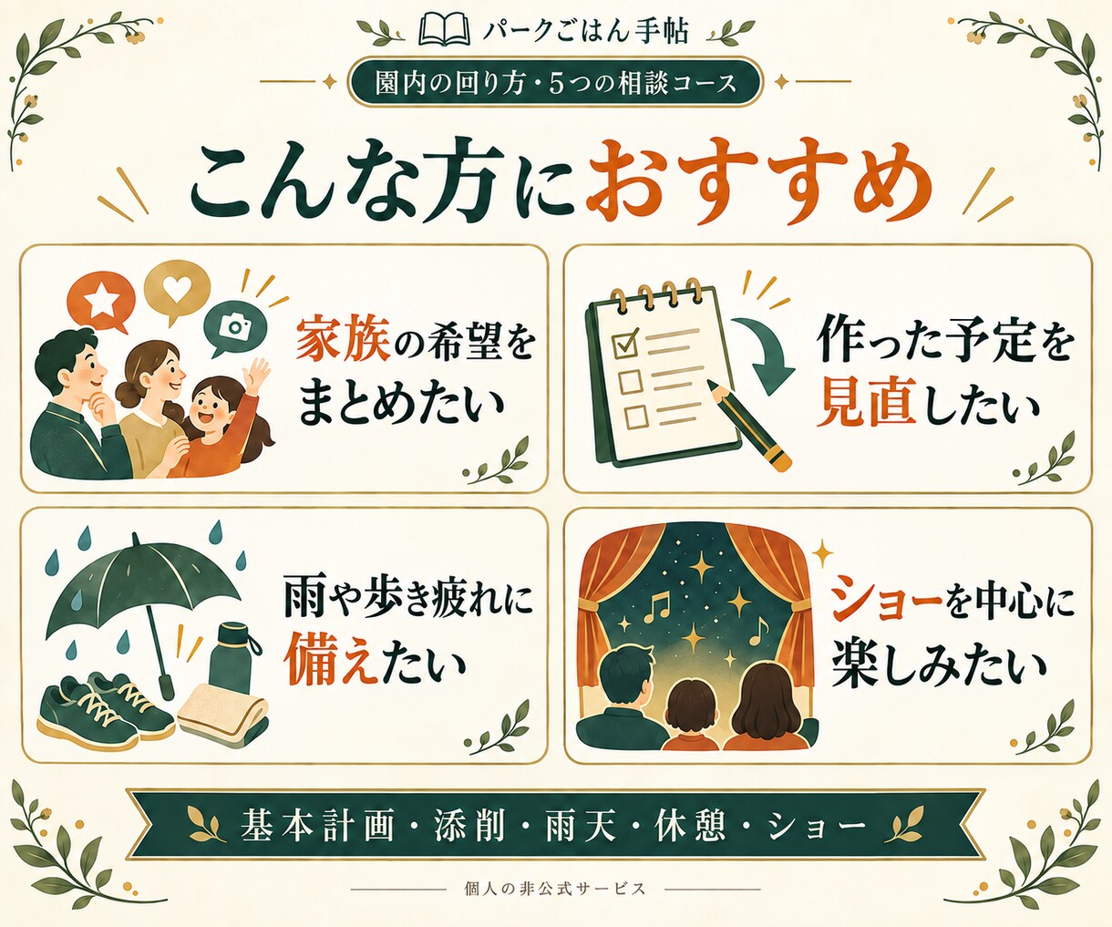 希望に合うディズニーの回り方を作ります 基本計画・添削・雨天・休憩・ショーの５コース イメージ3