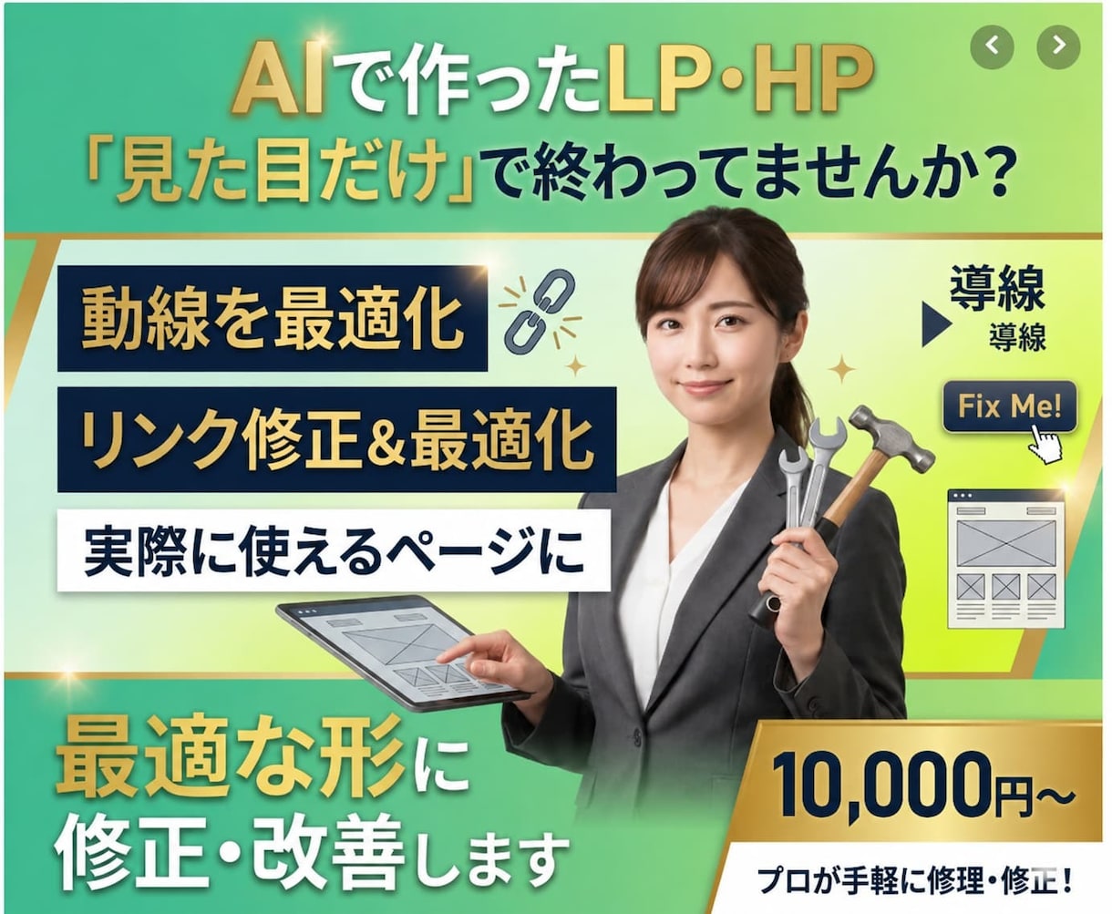 自作LP・HPを最適な形に修正・改善・完成させます プロが“動く・伝わる”状態にします。見た目だけのサイトを改善 イメージ1
