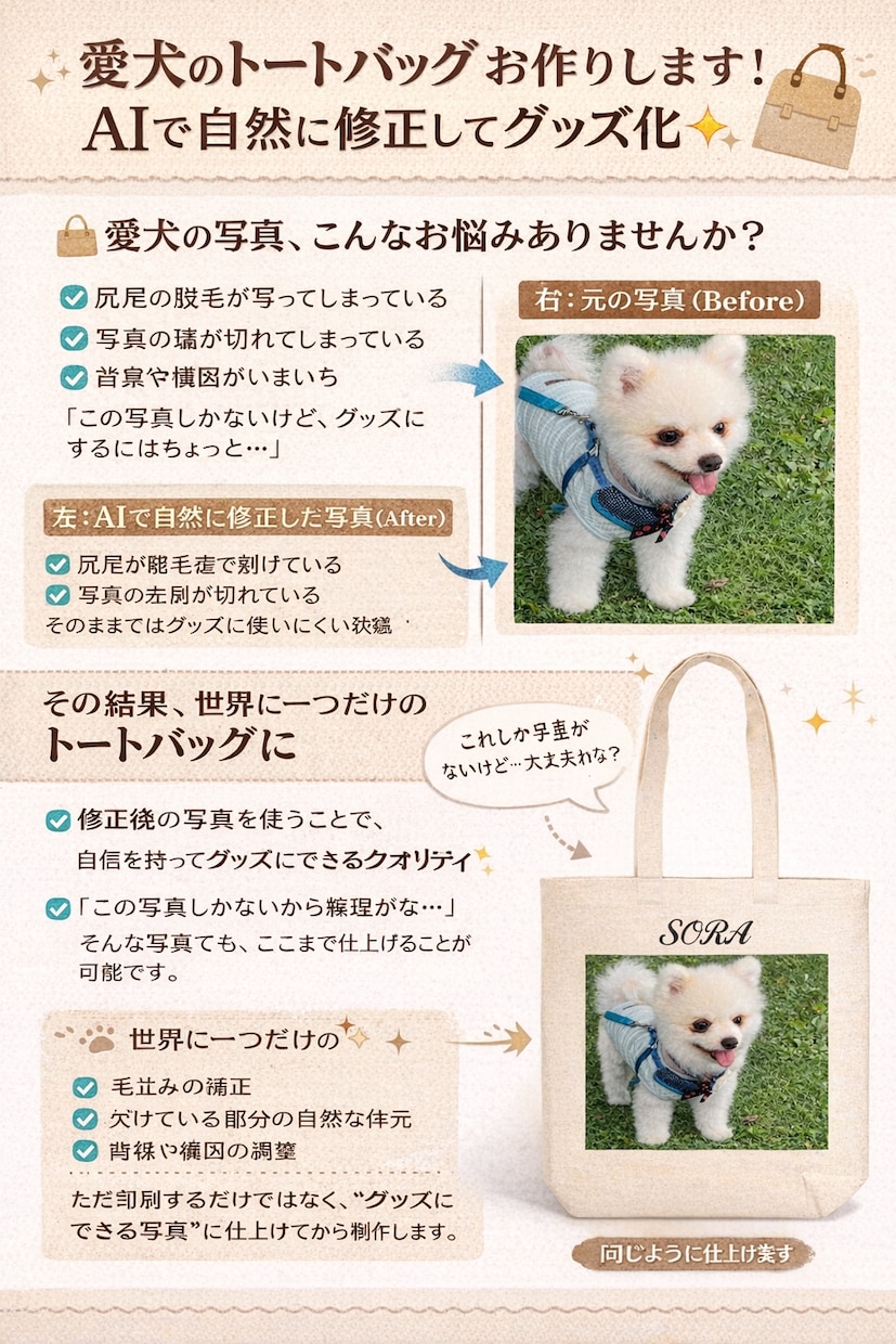 犬と、いつも一緒にいられるトートバッグお作ります 写真をトートバッグにできる状態までこちらで自然に修正みも可 イメージ3