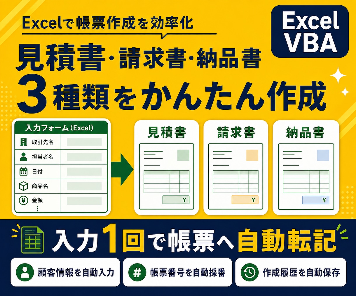見積書・請求書・納品書を自動作成しますます 一度の入力で3種類の帳票をかんたん作成！ イメージ1