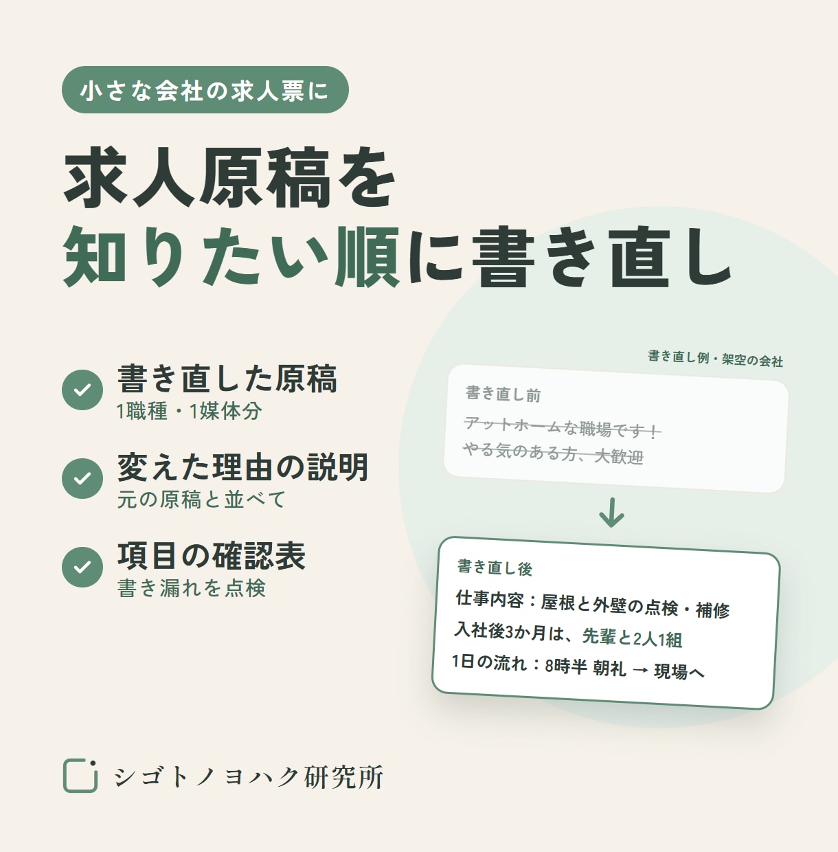 求人原稿を、求職者が知りたい順に書き直します 小さな会社の求人票に｜書き直し＋改善点の説明つき イメージ1