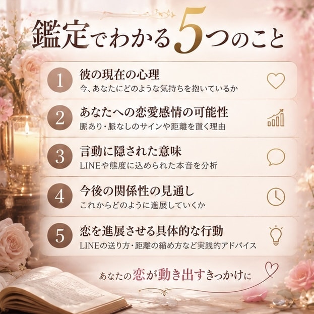 彼の本音とあなたへの気持ちを丁寧に読み解きます 脈あり？脈なし？彼の本音と恋を進める一手をお伝えします♡ イメージ3