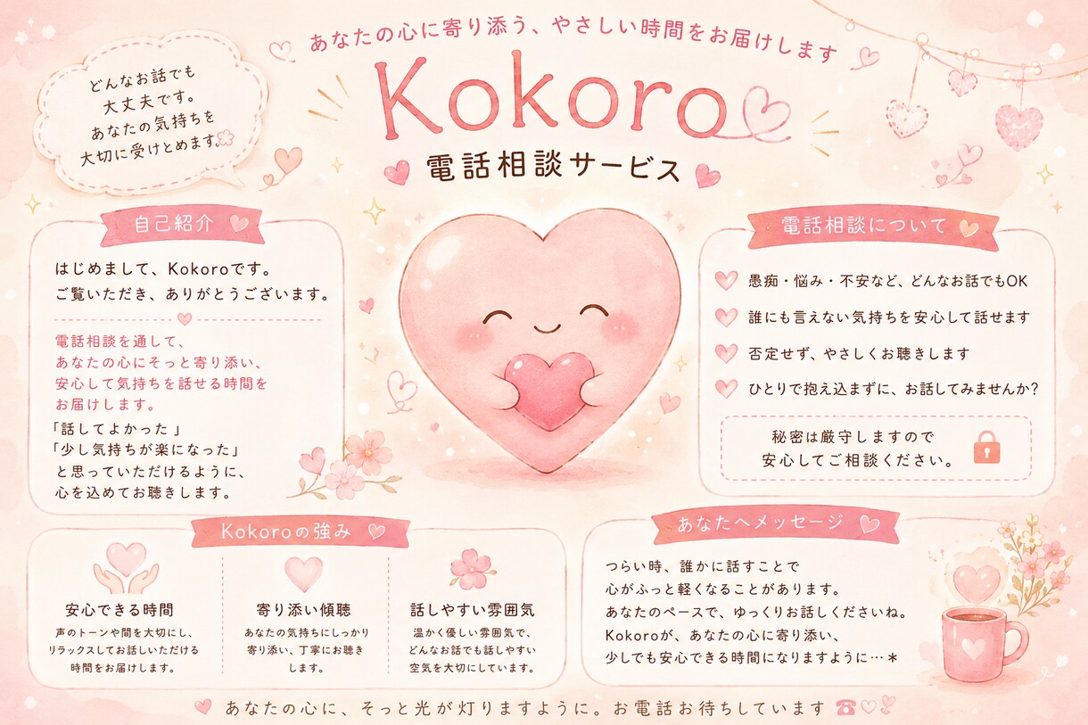 誰にも言えない悩みをゆっくりお聞きします 話すことで心を少し軽くしませんか イメージ1