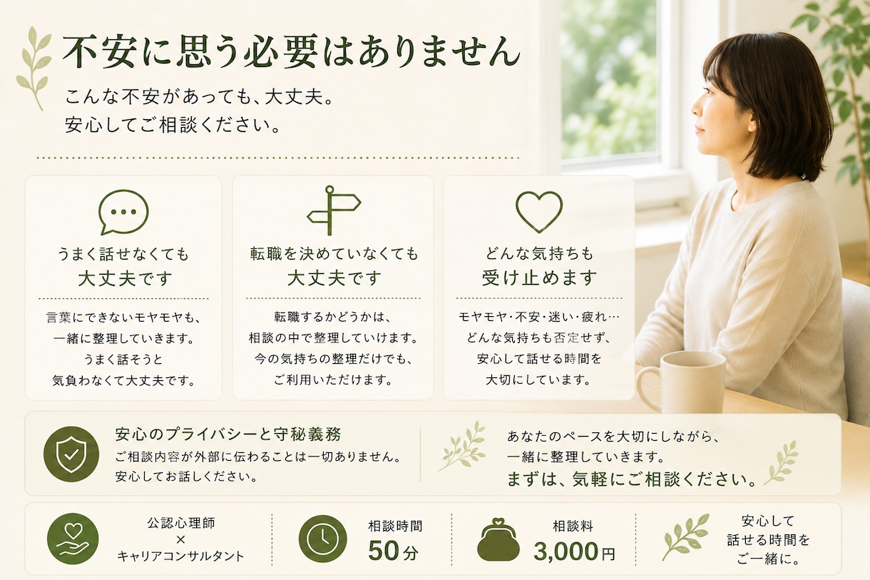 仕事のモヤモヤを一緒に整理します 辞める・続けるを決める前に、心理・キャリアで整理します イメージ7