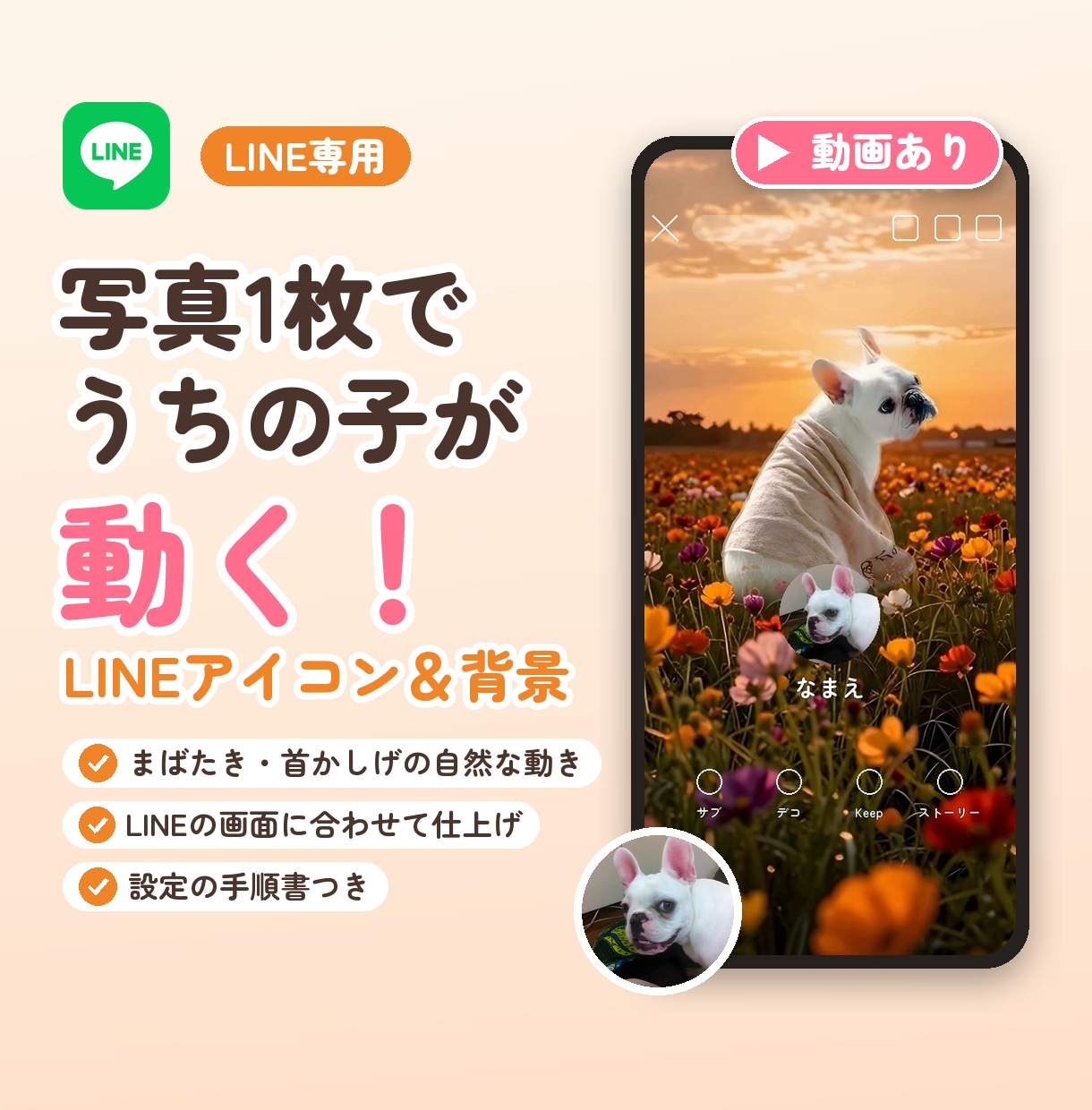 ぴよむす｜動くLINEアイコン＆背景を作ります ペットの写真がまばたき！LINE専用の仕上げでお届け イメージ2