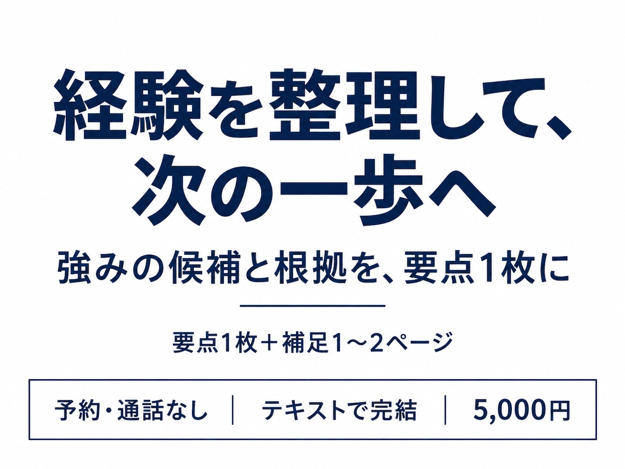 経験を整理し、強みと次の一歩を1枚にまとめます 予約・通話なし。経験の根拠と具体的な行動を文章で整理 イメージ1