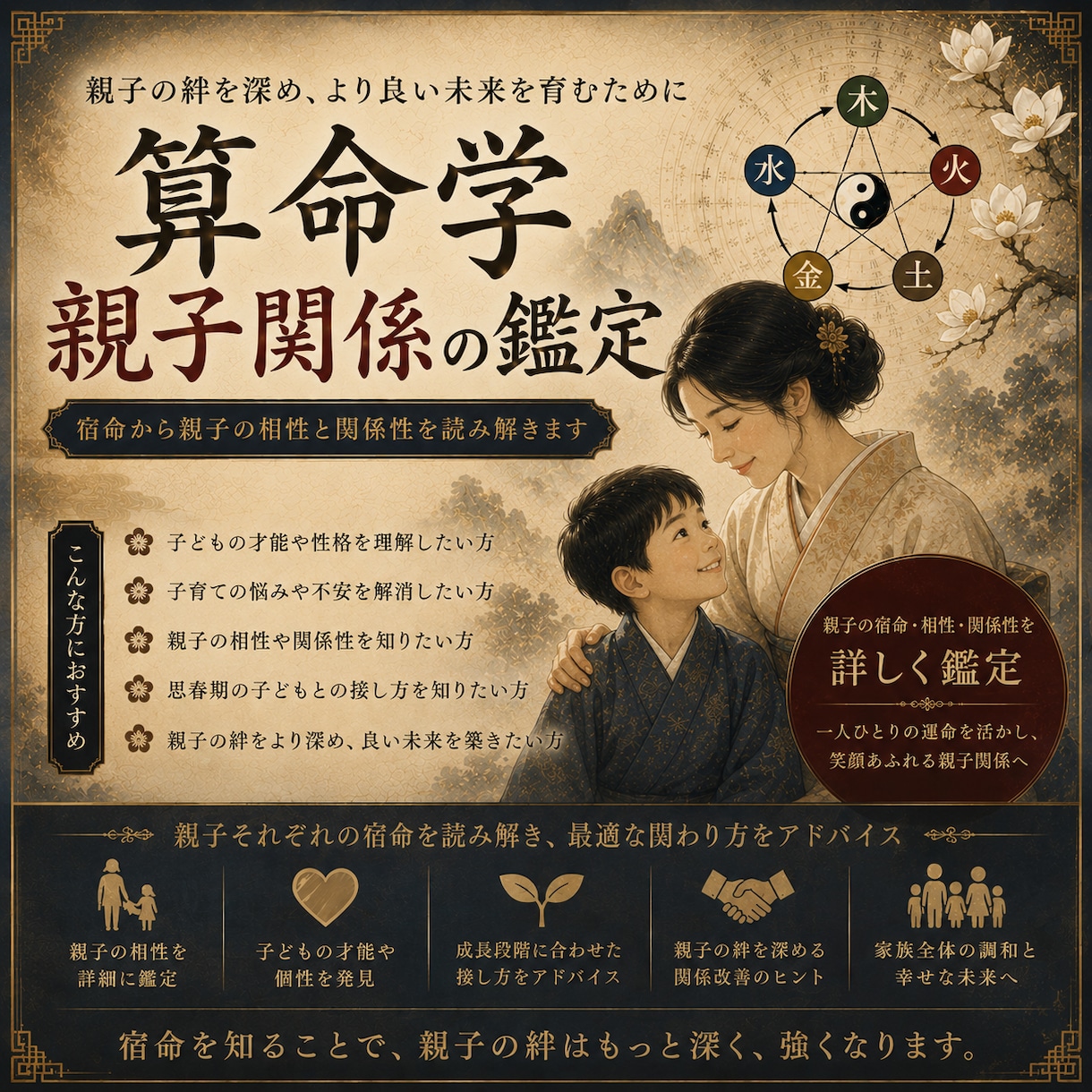 親子の相性鑑定。家族の関係性を算命学で紐解きます 親子も異なる一人の人間。 先天的な資質や価値観を理解し合う イメージ1