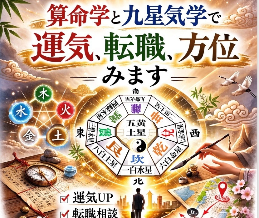 今年の運気方角、算命学と気学で転居転職みます 今の貴方に適した職や働き方、転職、転居の方位など見ます。 イメージ1