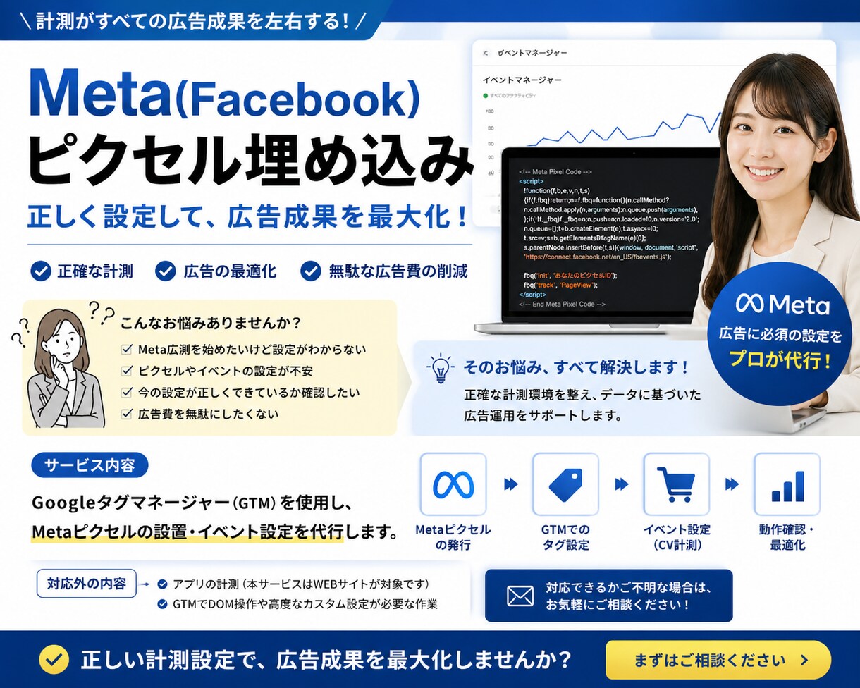 Meta広告のピクセル！初期設定を丸ごと代行します タグの埋め込みが広告運用の鍵になります。 イメージ1