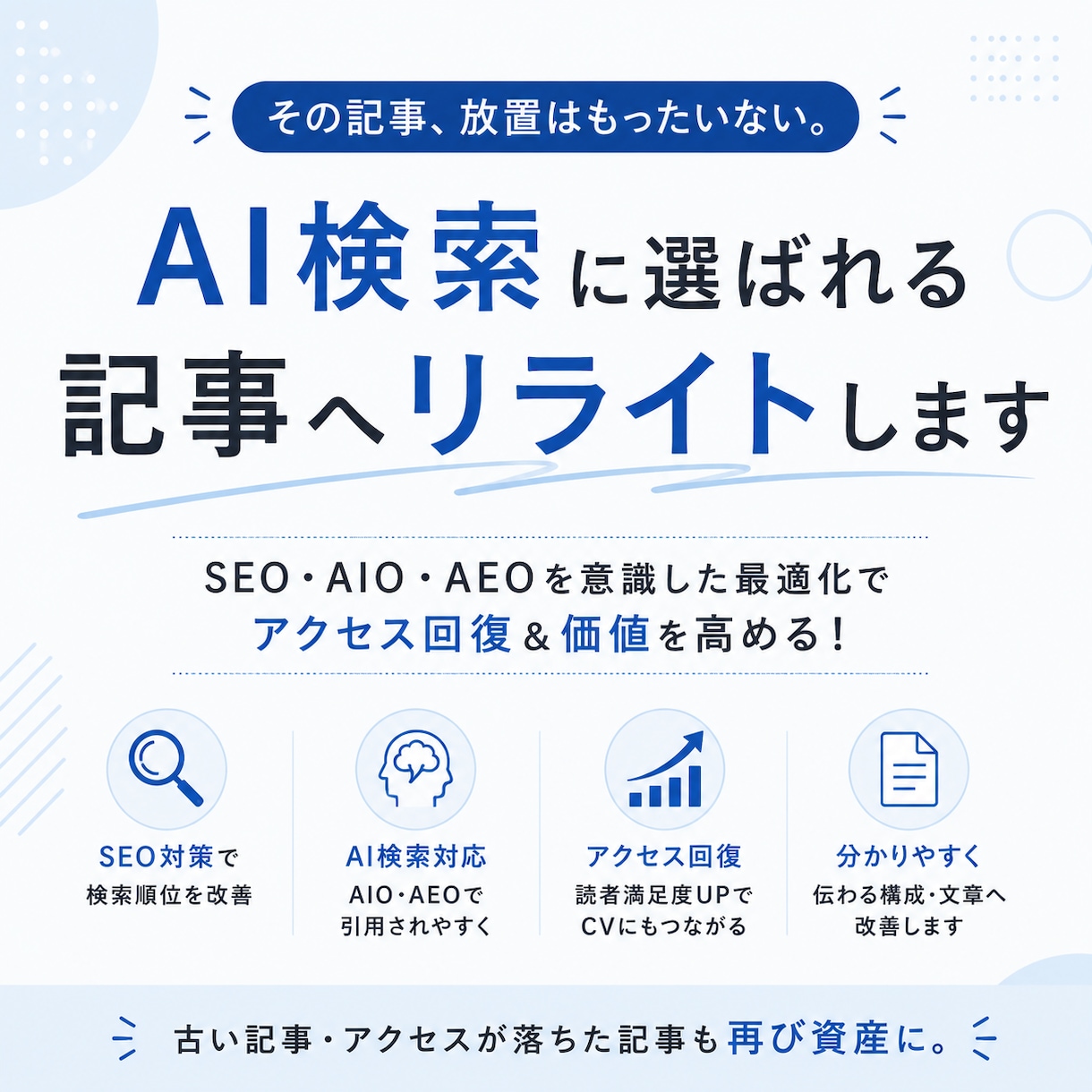 既存記事をAI検索対応（AIO・AEO）します その記事、放置はもったいない。AI検索に選ばれる記事へ。 イメージ1