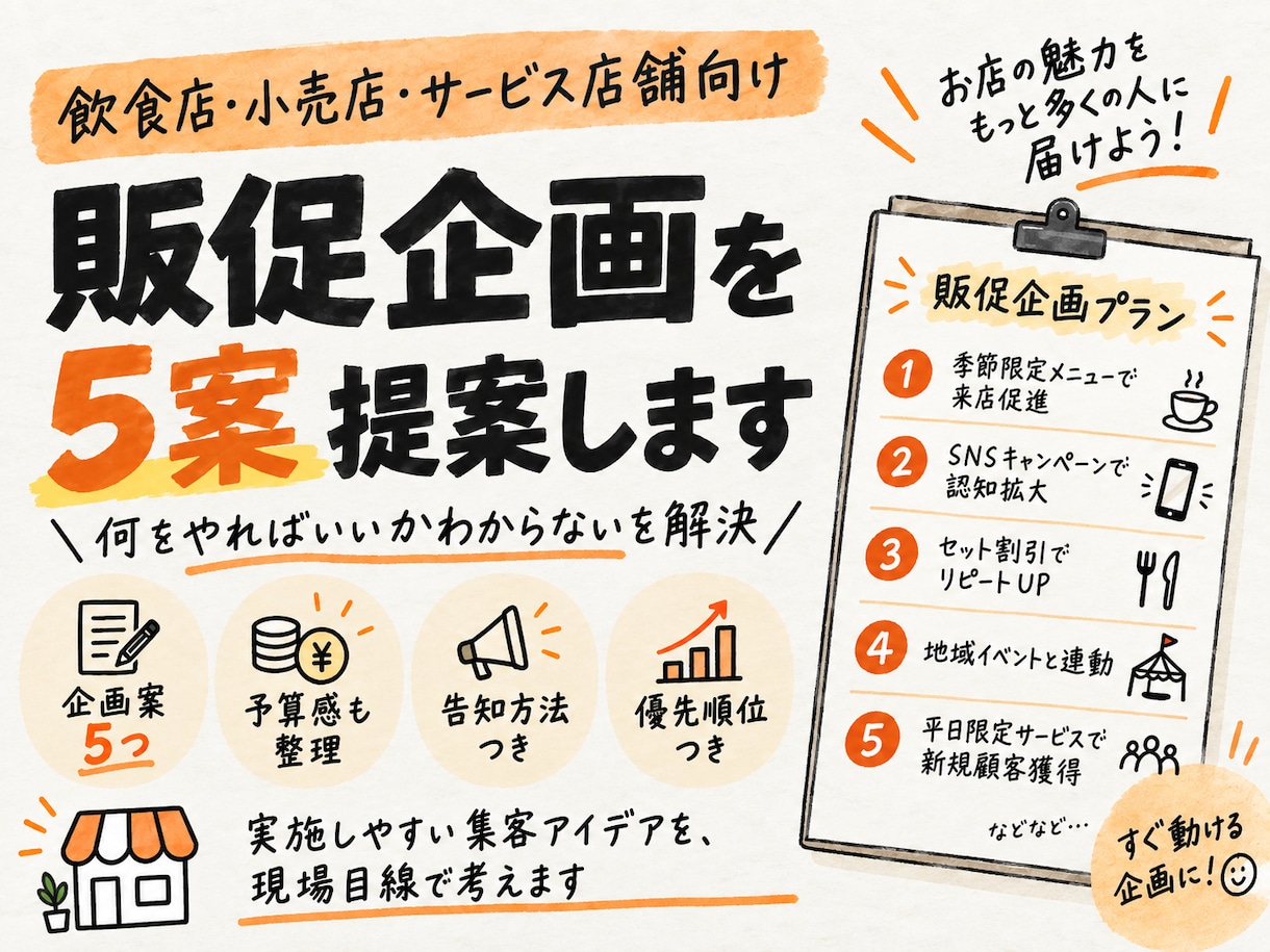 店舗の販促企画を5案＋最有力1案まで設計します アイデアを出すだけでなく、実際に動けるところまで具体化します イメージ1