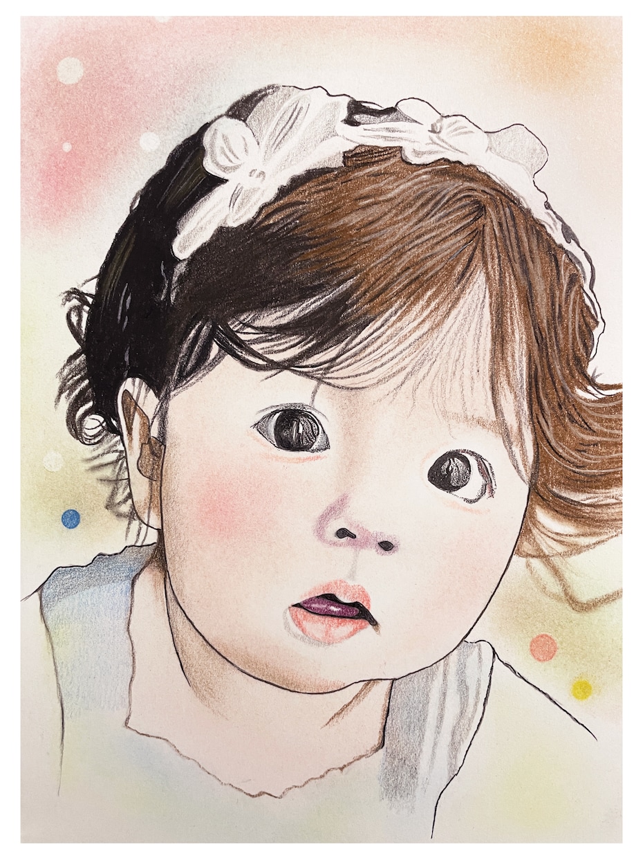 赤ちゃん、小さな子の似顔絵を超可愛く描きます 歴25年の画家が暖かい雰囲気で背景付の人物画を描きます イメージ1