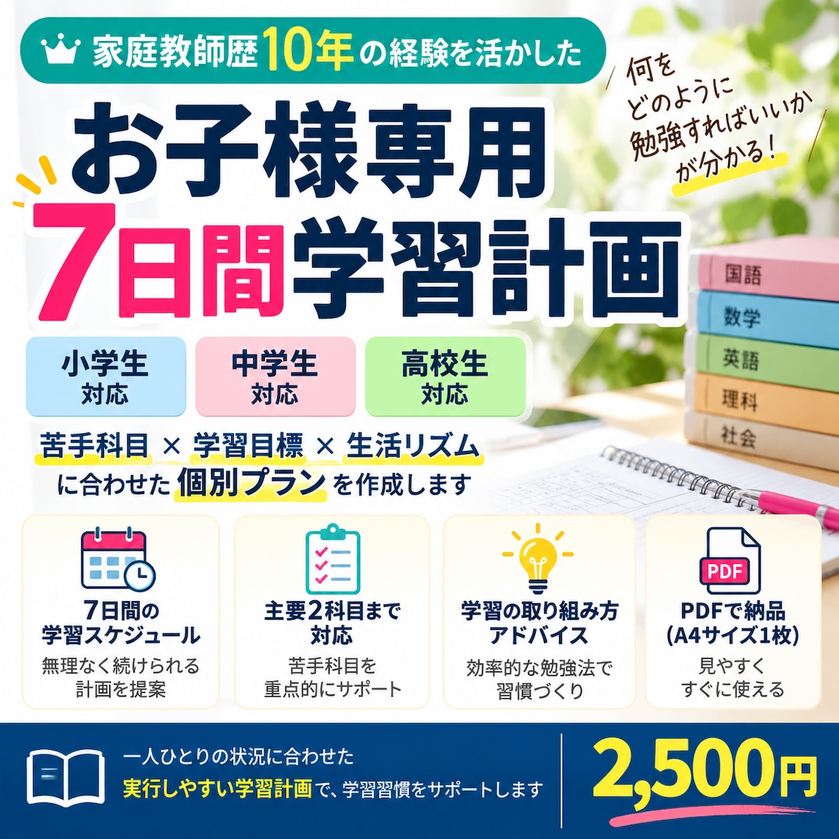 家庭教師歴10年が7日間の学習計画を作ります 小中高生対応！苦手科目や生活予定に合わせた個別学習プラン イメージ1