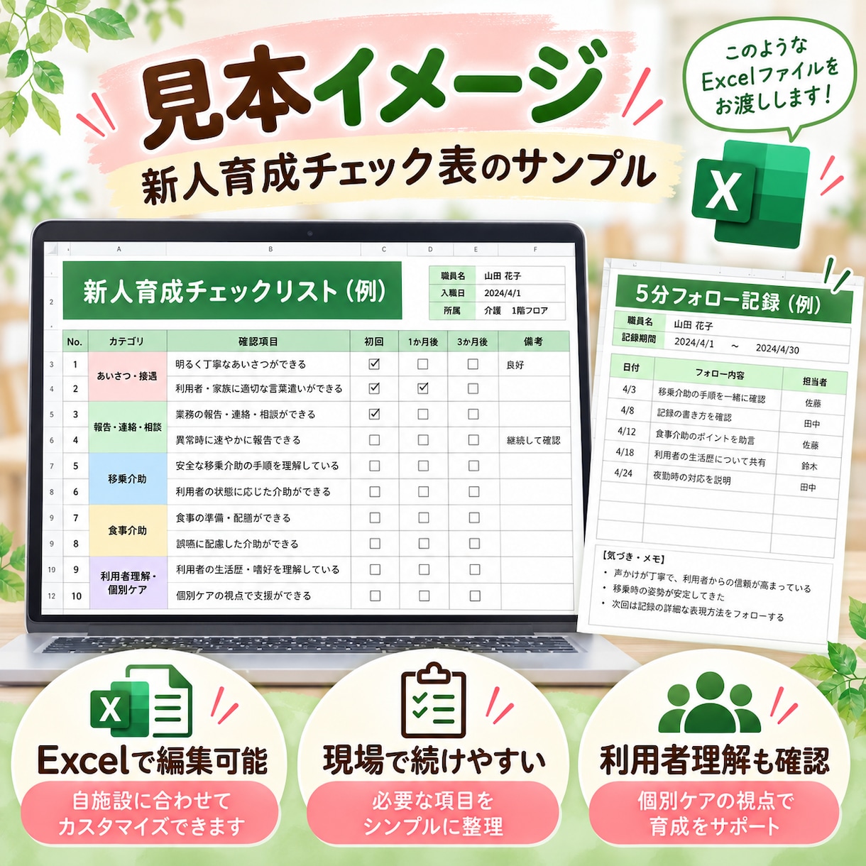 介護職員の新人育成チェック表を作成します 介護経験20年以上！現場で続けやすいExcel評価表 イメージ2