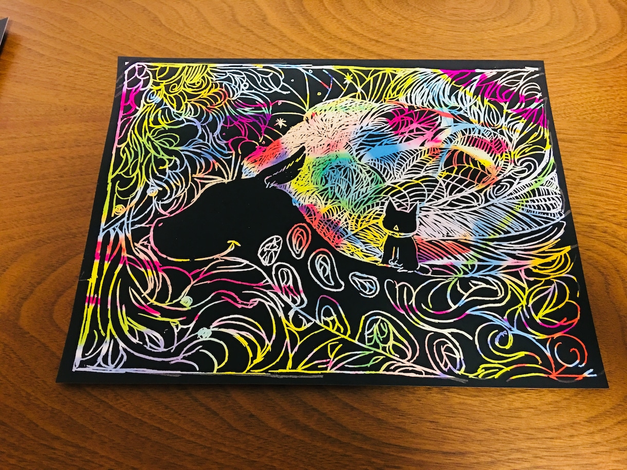 ワード3つで絵をかきます 疲れている人が独特な何かをみて疲れを逆に忘れる感じ。 イメージ1