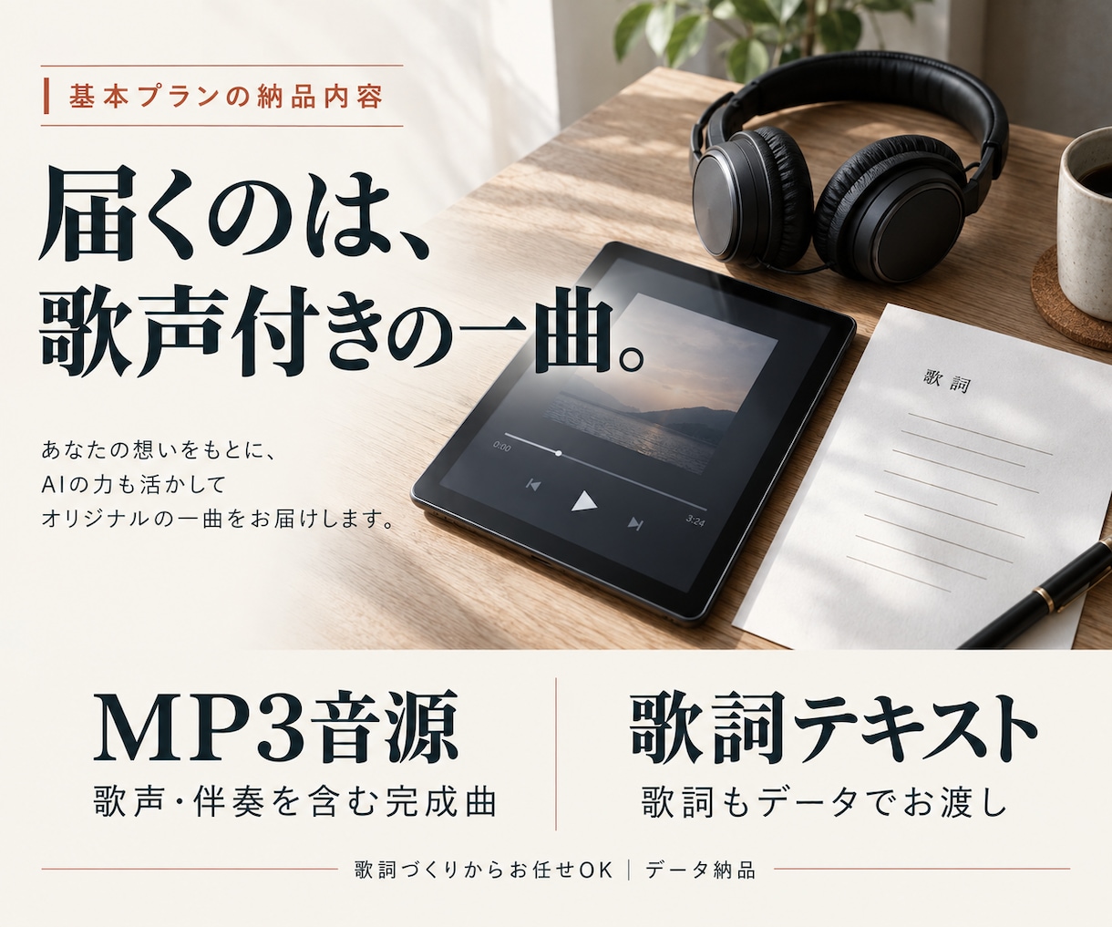 AI作曲であなたの想いを歌声付きの曲にします 歌詞づくりからお任せ。動画仕上げも相談できます イメージ3