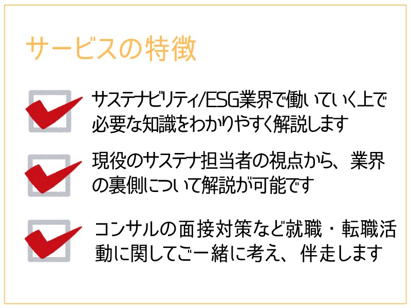 サステナ/ESG業界への就職・転職相談に乗ります 面接対策も実績多数あり！現役サステナ担当者がご支援します イメージ4