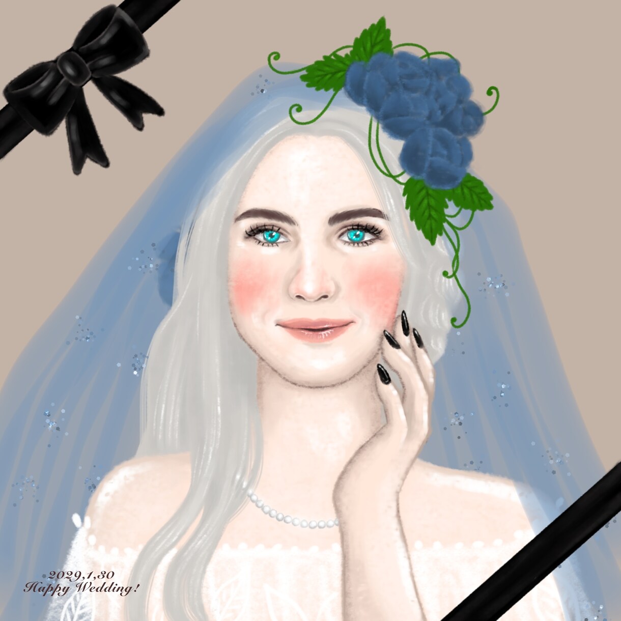 ベールをまとったアートな似顔絵を描きます ウエディングのウェルカムボードやギフト用等 イメージ3