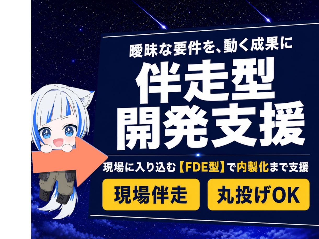 顧客伴走型（FDE）開発体制の導入を支援します 曖昧な要件を、現場伴走で動く成果に変える体制づくりを支援 イメージ1